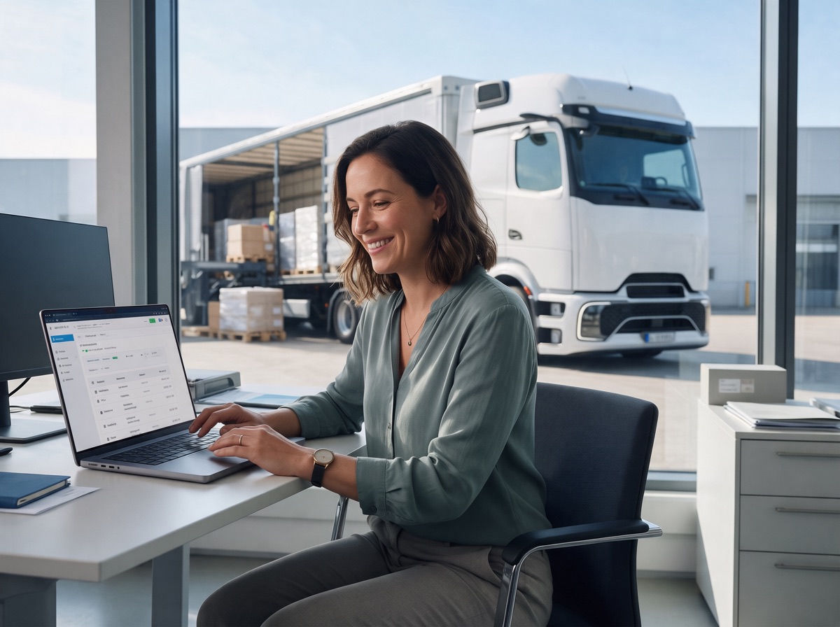 Einkäuferin eines Industrieunternehmens am Laptop, vor dem Fenster ein Elektro-Lkw an der Laderampe